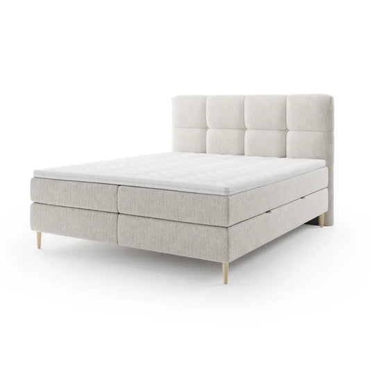 Lit BOXSPRING LEO - Avec tête de lit, coffre intégré, matelas ressorts ensachés et surmatelas inclus