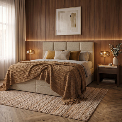 Lit BOXSPRING EDWARD - Avec tête de lit, coffre intégré, matelas ressorts ensachés inclus