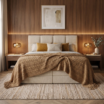 Lit BOXSPRING EDWARD - Avec tête de lit, coffre intégré, matelas ressorts ensachés inclus