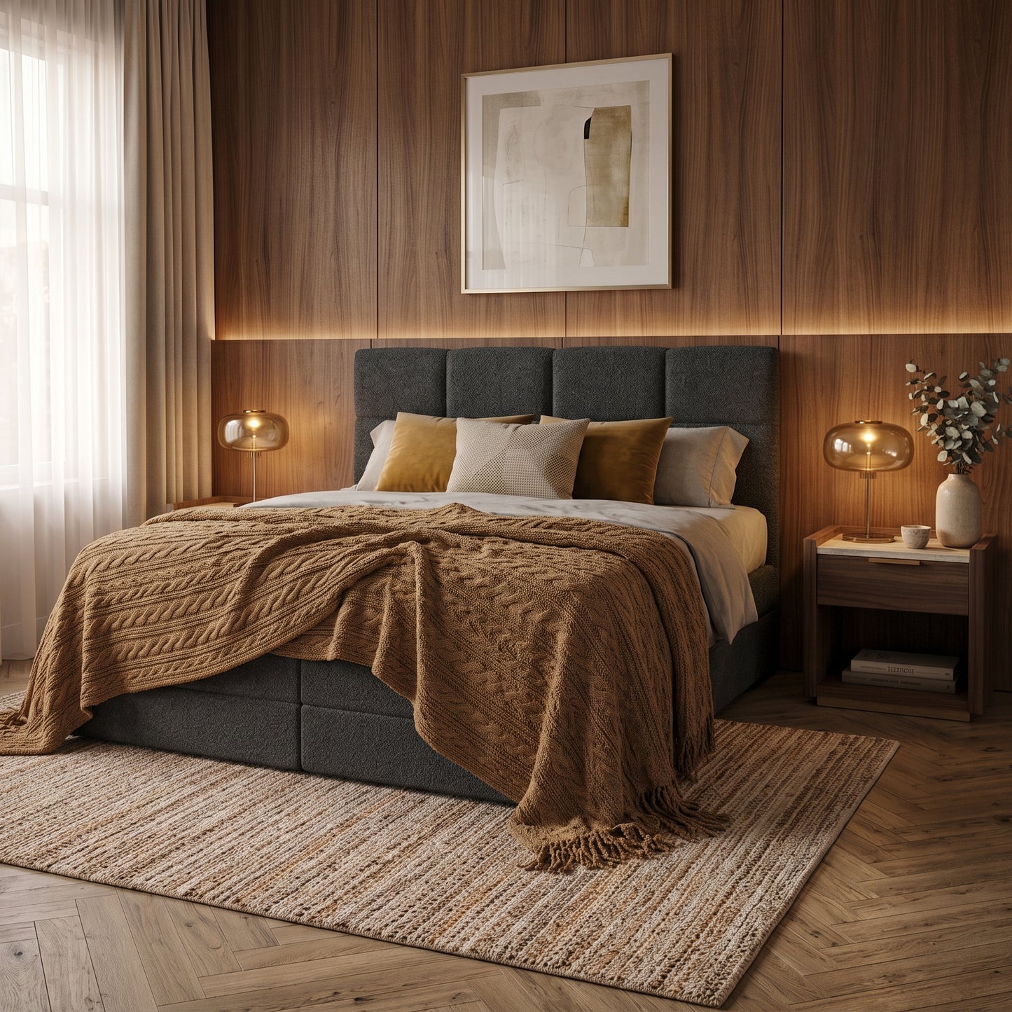 Lit BOXSPRING EDWARD - Avec tête de lit, coffre intégré, matelas ressorts ensachés inclus
