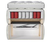 Lit BOXSPRING LEO - Avec tête de lit, coffre intégré, matelas ressorts ensachés et surmatelas inclus