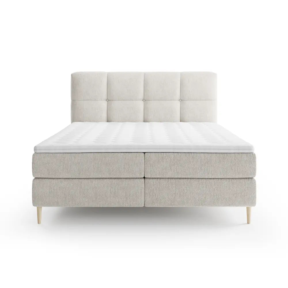 Lit BOXSPRING LEO - Avec tête de lit, coffre intégré, matelas ressorts ensachés et surmatelas inclus