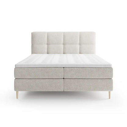 Lit BOXSPRING LEO - Avec tête de lit, coffre intégré, matelas ressorts ensachés et surmatelas inclus