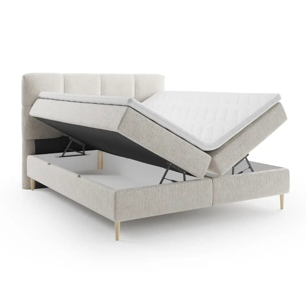 Lit BOXSPRING LEO - Avec tête de lit, coffre intégré, matelas ressorts ensachés et surmatelas inclus