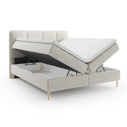 Lit BOXSPRING LEO - Avec tête de lit, coffre intégré, matelas ressorts ensachés et surmatelas inclus