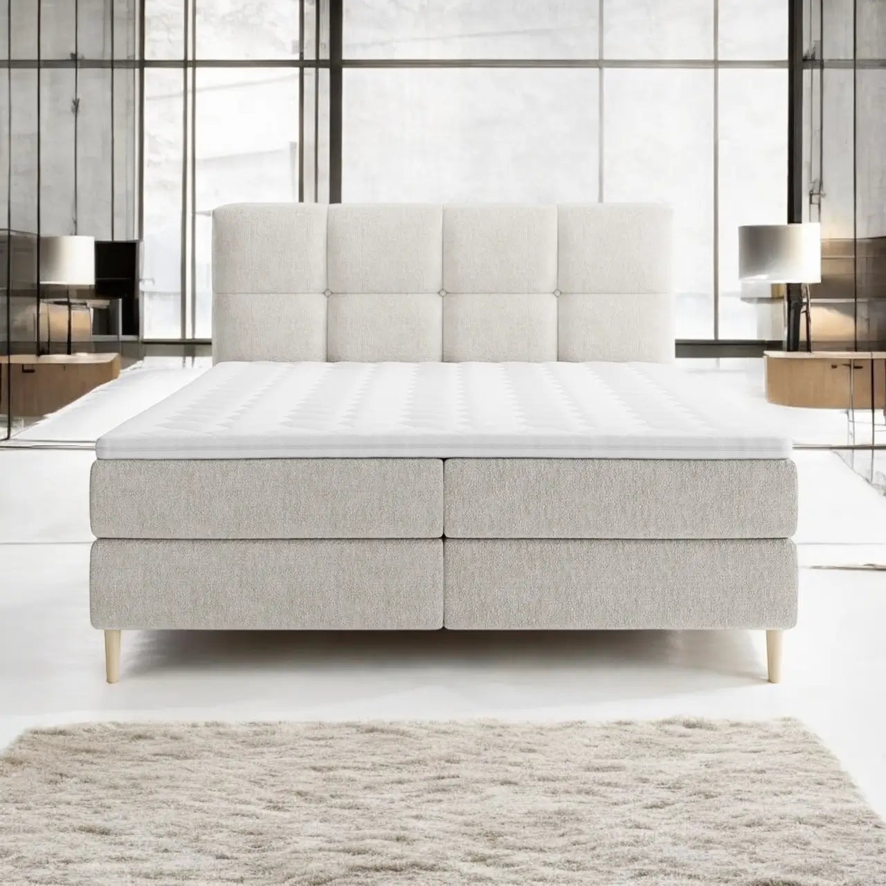 Lit BOXSPRING LEO - Avec tête de lit, coffre intégré, matelas ressorts ensachés et surmatelas inclus