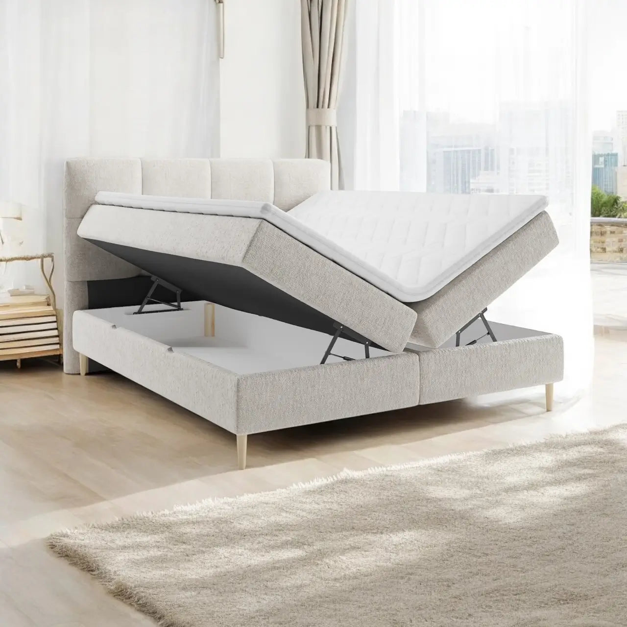 Lit BOXSPRING LEO - Avec tête de lit, coffre intégré, matelas ressorts ensachés et surmatelas inclus