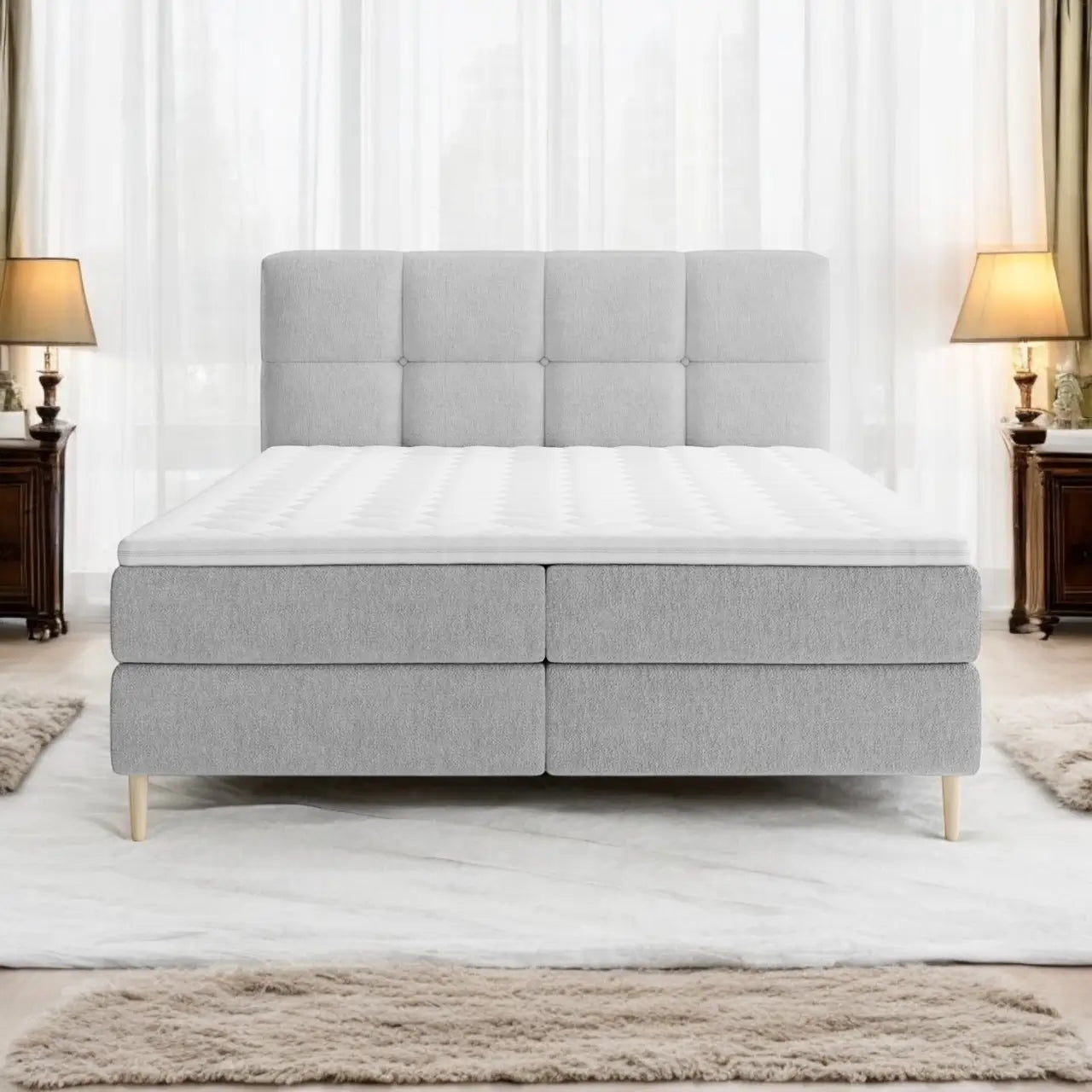 Lit BOXSPRING LEO - Avec tête de lit, coffre intégré, matelas ressorts ensachés et surmatelas inclus