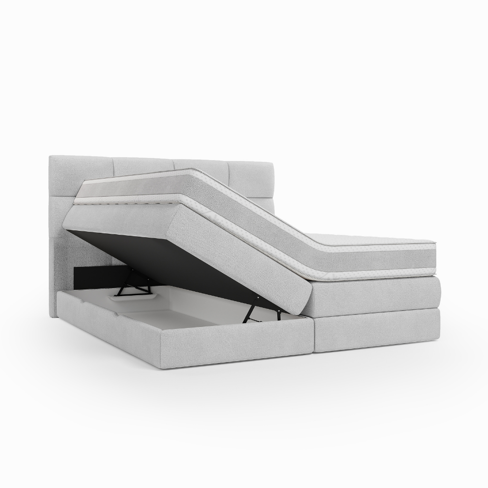 Lit BOXSPRING EDWARD - Avec tête de lit, coffre intégré, matelas ressorts ensachés inclus